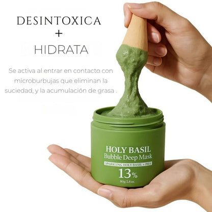 Holy Basil® Mascarilla limpiadora profunda con burbujas + Cepillo exfoliante